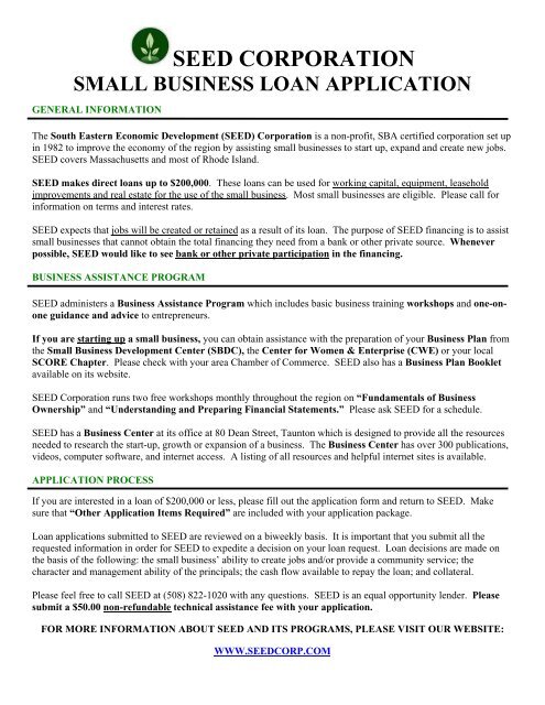 seed corporation small business loan application