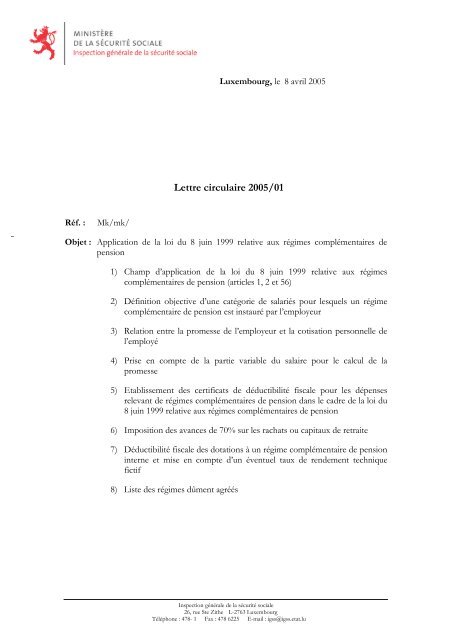 Lettre circulaire 2005/01 - MinistÃ¨re de la sÃ©curitÃ© sociale