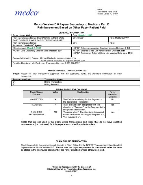 Medco Version D.0 Payers Secondary to Medicare ... - Express Scripts