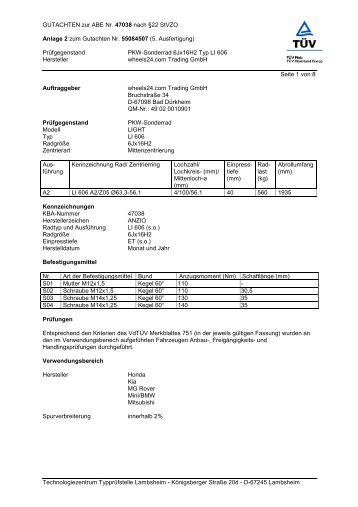 GUTACHTEN zur ABE Nr. 47038 nach §22 StVZO ... - onlineraeder.de