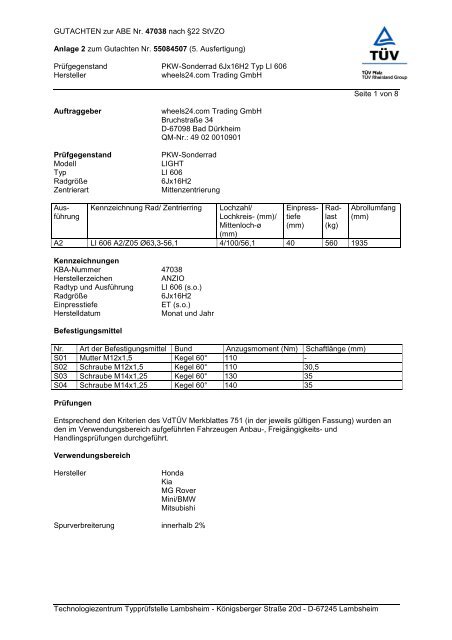 GUTACHTEN zur ABE Nr. 47038 nach §22 StVZO ... - onlineraeder.de