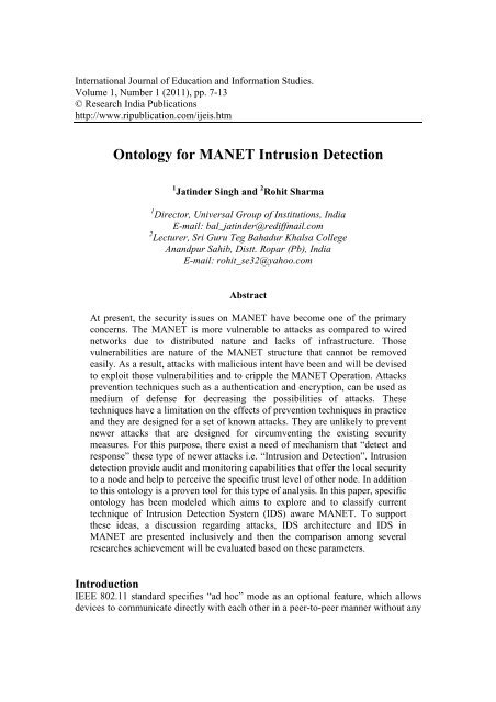 Ontology for MANET Intrusion Detection - Research India Publications