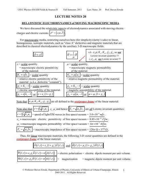 LECTURE NOTES 20 - University of Illinois High Energy Physics