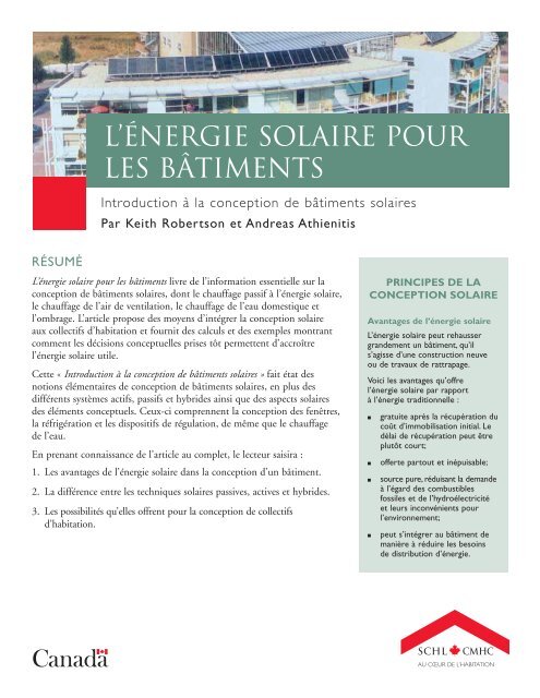 L'énergie solaire pour les bâtiments - SCHL