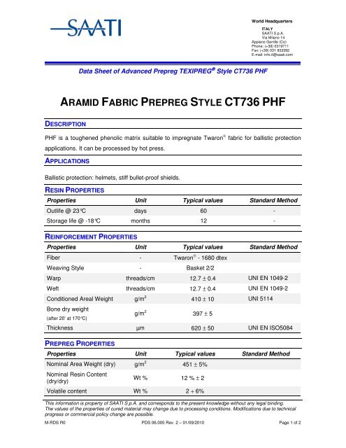 ARAMID FABRIC PREPREG STYLE CT736 PHF - Saati