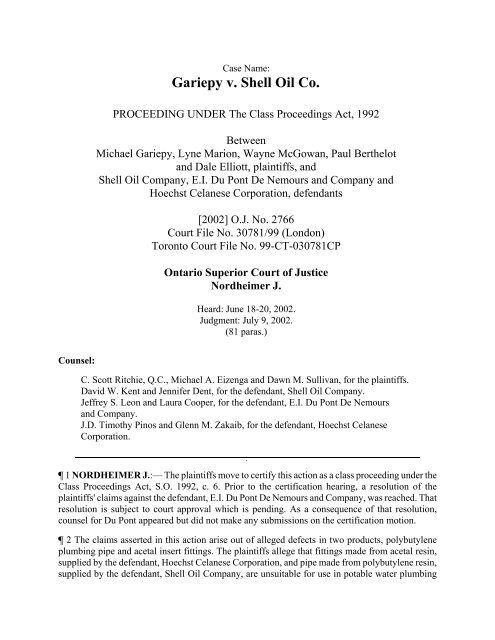 Gariepy v. Shell Oil Co. - Classaction.ca