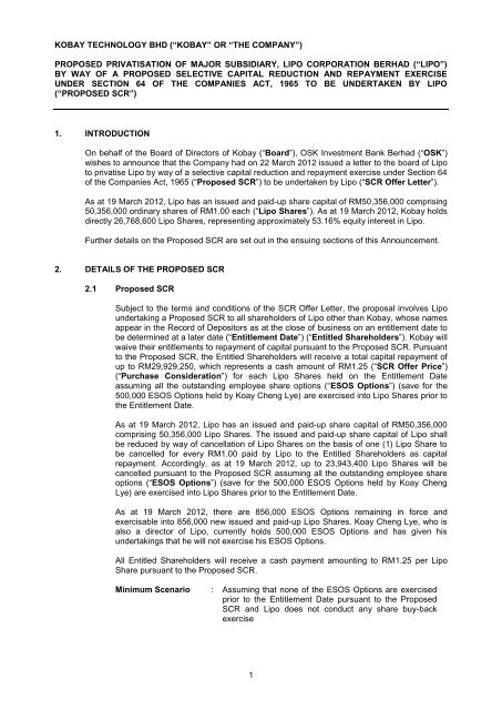 Kobay Proposed Scr Pdf Kobay Technology Bhd