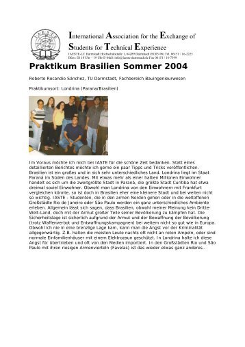 Praktikum Brasilien Sommer 2004 - IAESTE LC Darmstadt