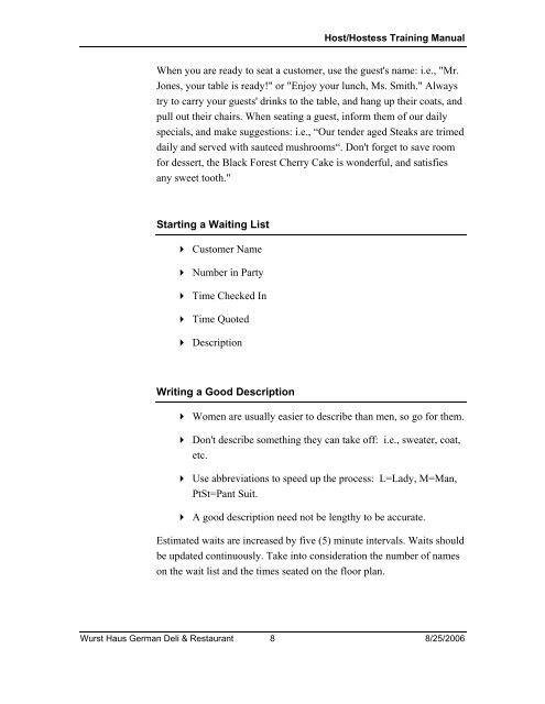 Host/Hostess Training Manual - The Wurst Haus