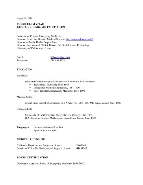 CURRICULUM VITAE KRISTI L. KOENIG, MD, FACEP, FIFEM ...