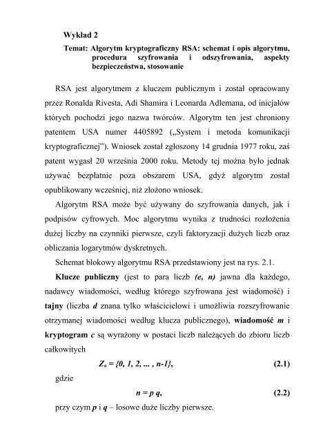 WykÅ‚ad 2 RSA jest algorytmem z kluczem publicznym i ... - ELARTU