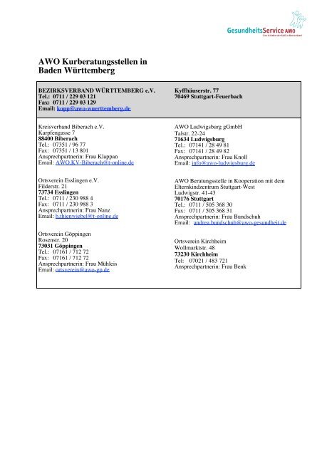 AWO Kurberatungsstellen in Baden Württemberg