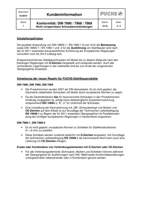 KonformitÃ¤t DIN 7990 / 7968 / 7969 Umsetzung ... - Fuchs-Schrauben