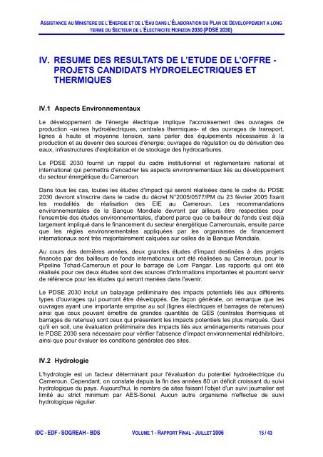 Rapport Final Volume 1 : Présentation et conclusions du PDSE