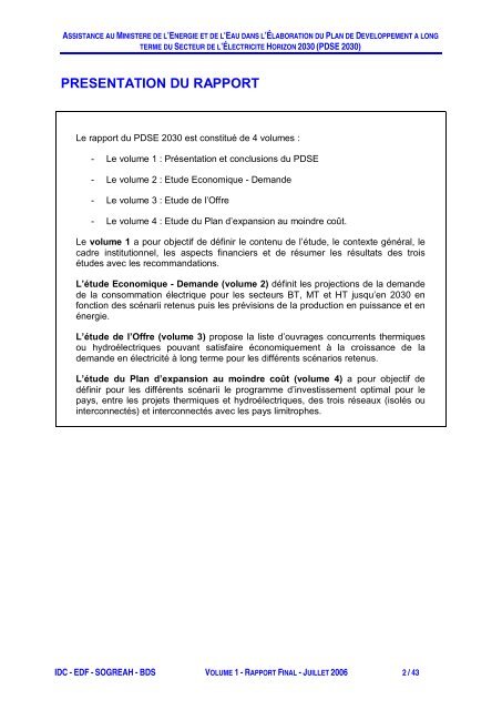 Rapport Final Volume 1 : Présentation et conclusions du PDSE