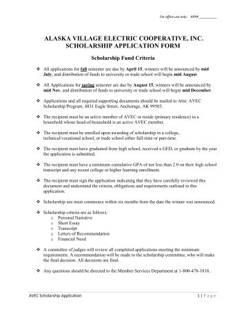 alaska village electric cooperative, inc. scholarship application form