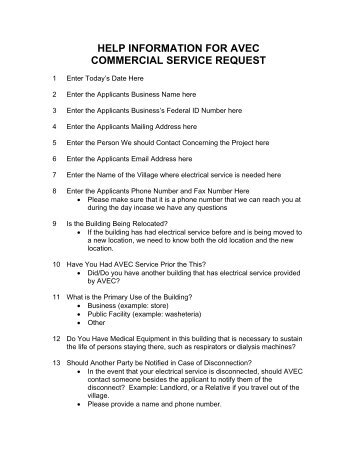 help information for avec commercial service request