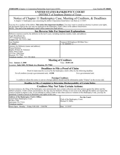 Notice of Chapter 11 Bankruptcy Case, Meeting of Creditors ...