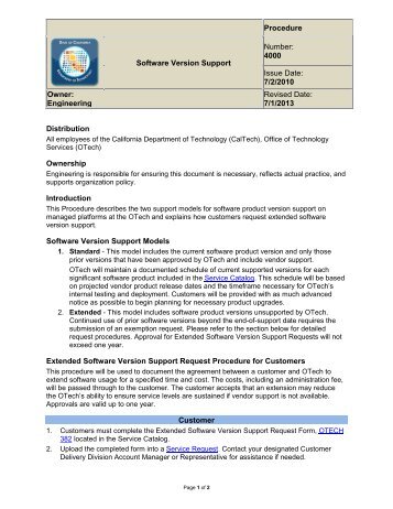 Software Version Support Procedure - The DCS Service Catalog