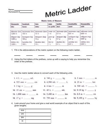 Name: Homework # 1. Fill in the abbreviations of the metric system ...