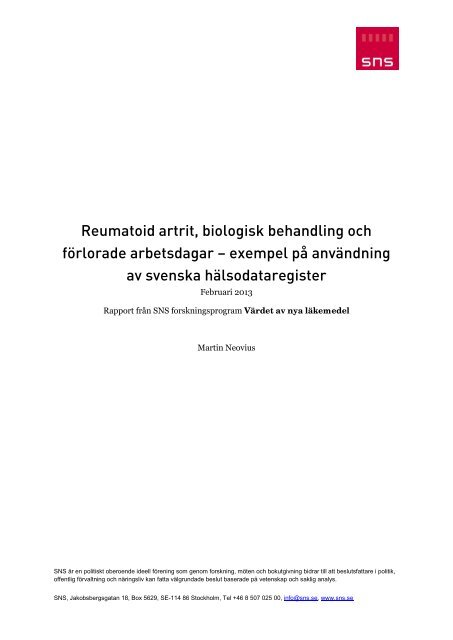 Reumatoid artrit, biologisk behandling och fÃ¶rlorade ... - SNS