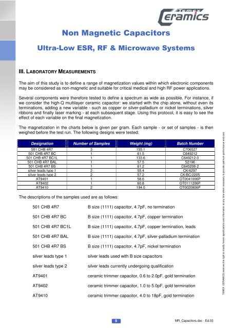 Non Magnetic Capacitors - Temex Ceramics