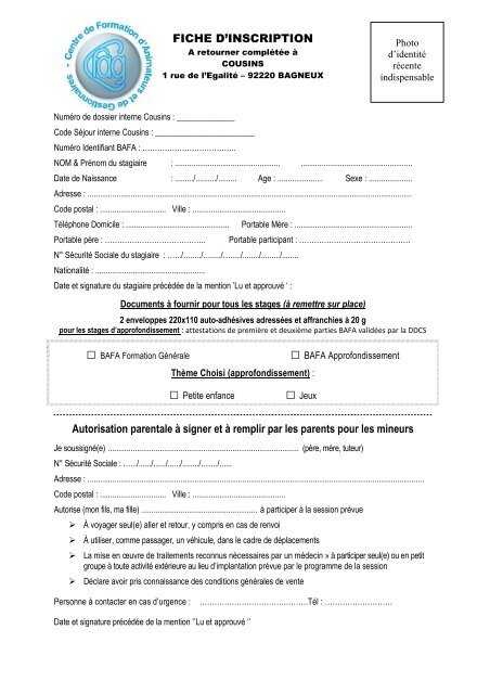 Bulletin d'inscription et Fiche Sanitaire BAFA - Cousins