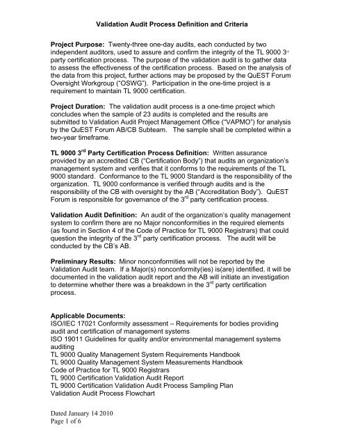 Validation Audit Process Definition And Criteria Dated Tl 9000