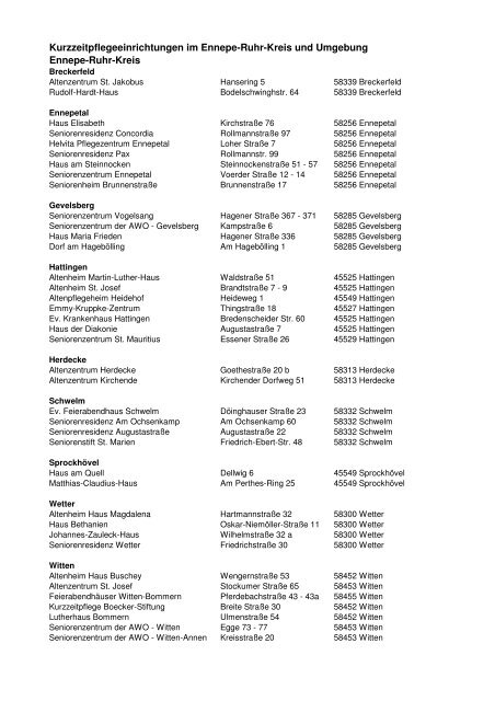 Kurzzeitpflegeeinrichtungen Im Erk Ennepe Ruhr Kreis