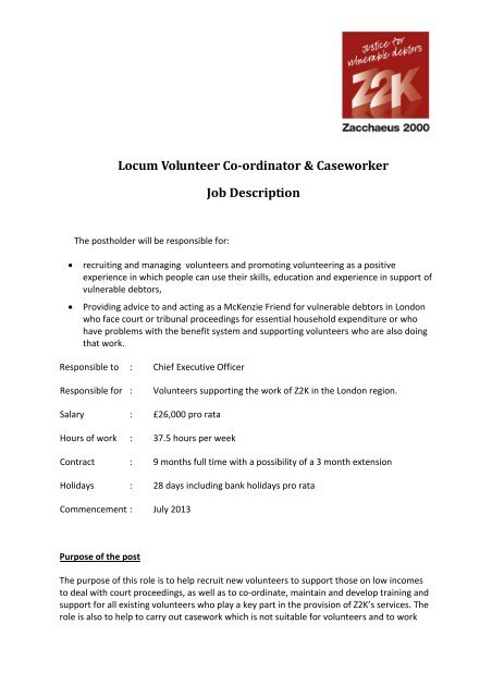 Locum Volunteer Co-ordinator & Caseworker Job Description