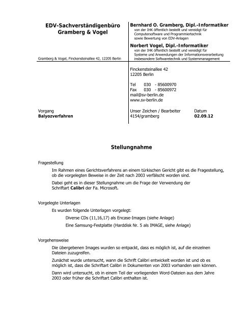 EDV-Sachverständigenbüro Gramberg & Vogel Stellungnahme