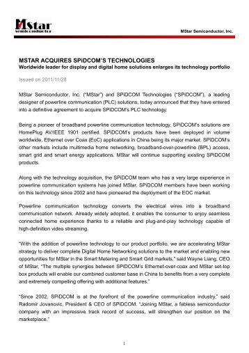 MSTAR ACQUIRES SPiDCOM'S TECHNOLOGIES
