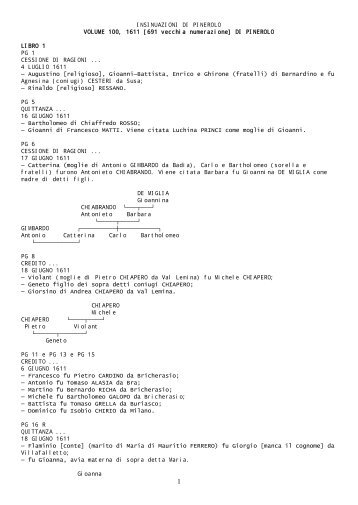 INSINUAZIONI DI PINEROLO VOLUME 100, 1611 [691 vecchia ...