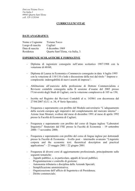 CURRICULUM VITAE DATI ANAGRAFICI: Nome e Cognome ...