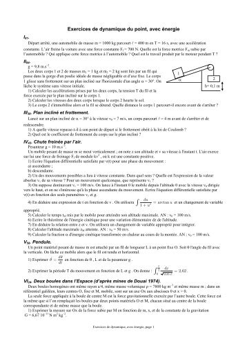 Exercices de dynamique, avec énergie - Page de Jean-Marc Drocourt