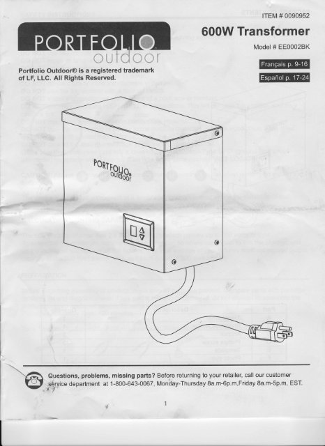 Portfolio 600 Watt Transformer Manual