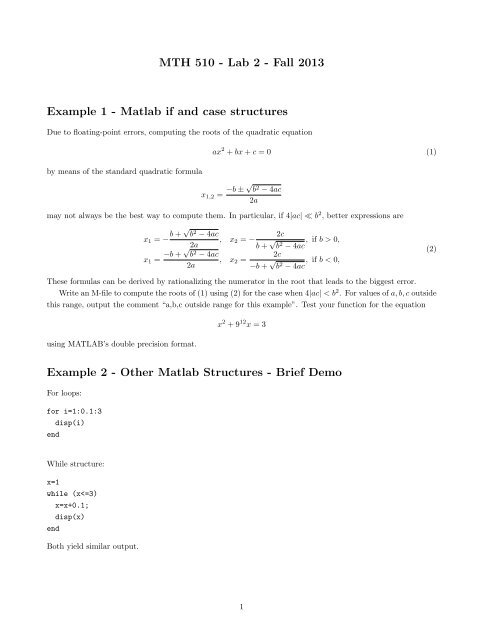 MTH 510 - Lab 2 - Fall 2012 Example 1 - Matlab if and case ...