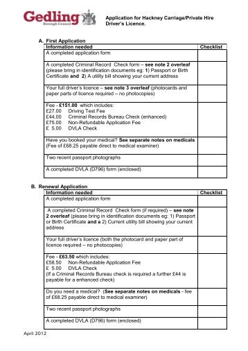 Application for Hackney Carriage/Private Hire Driver's Licence. A ...