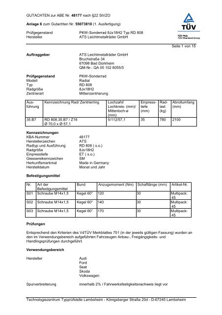 GUTACHTEN zur ABE Nr. 48177 nach Â§22 StVZO Anlage 6 zum ...