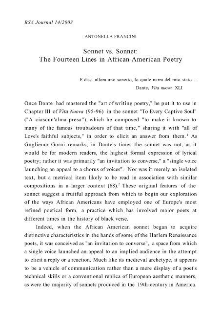 Sonnet vs. Sonnet: The Fourteen Lines in African American Poetry