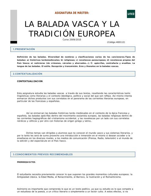 LA BALADA VASCA Y LA TRADICIÃ“N EUROPEA - Inicio - Uned