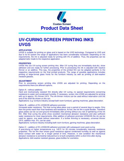 Product Data Sheet UVGS - Coates Screen