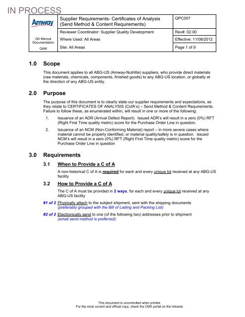 Certificate of Analysis Send Method and Content ... - Supplier Portal