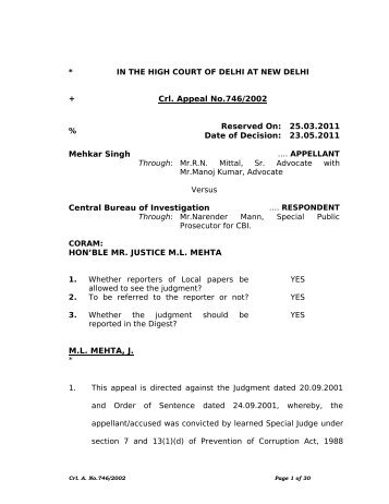 * IN THE HIGH COURT OF DELHI AT NEW DELHI + Crl. Appeal No ...