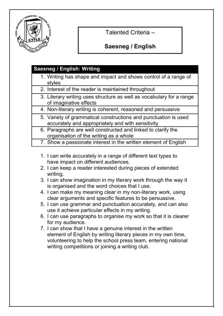 Newtown High School Ysgol Uwchradd y Drenewydd Talented Criteria