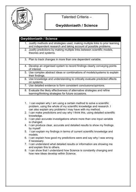 Newtown High School Ysgol Uwchradd y Drenewydd Talented Criteria