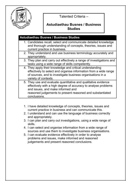 Newtown High School Ysgol Uwchradd y Drenewydd Talented Criteria