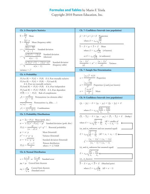 Triola's The Basic Practice of Statistics Formulas & Tables