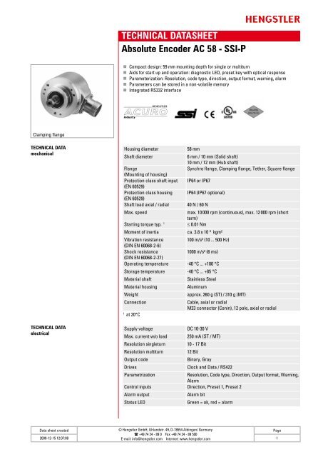 Hengstler AC58 SSI-P Absolute Encoder Data Sheet - Automated ...