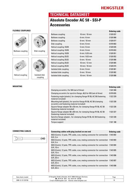 Hengstler AC58 SSI-P Absolute Encoder Data Sheet - Automated ...